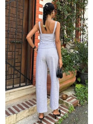 Ayşegul Hediyelik Kalın Askılı Bluz Pantolon Keten Takım 10187
