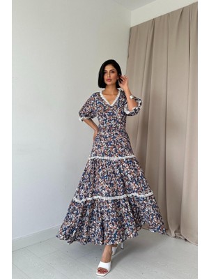 Ayşegul Hediyelik Desenli Sırtı Dekolteli Brode Elbise