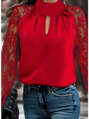 Ayşegul Hediyelik Kadın Uzun Kollu Göğüs Pencere Detay Yaka Boğazlı Kolları Tüllü Sandy Bluz