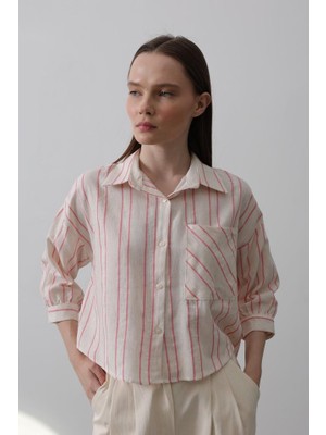 Ayşegul Hediyelik Çizgili Kısa Gömlek - Bej Pembe