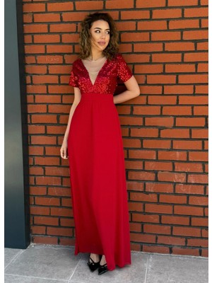 Ayşegul Hediyelik Kadın Kısa Kollu Derin V Yakalı A Kesim Pulpayet Detaylı Şifon Nedime Elbisesi