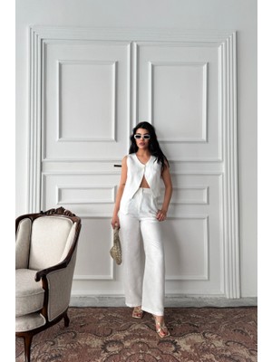 Ayşegul Hediyelik Keten Tek Düğme Yelek-Pantolon Takım - Beyaz