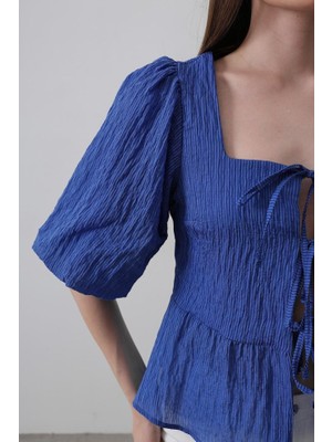 Ayşegul Hediyelik Kare Yaka Balon Kol Bluz - Mavi