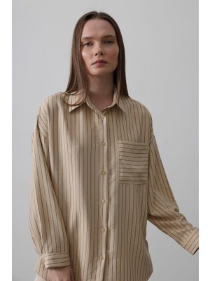Ayşegul Hediyelik Çizgili Tek Cep Gömlek - Taş
