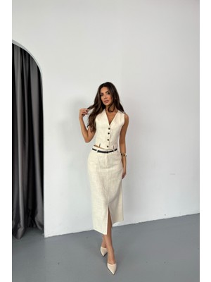 Ayşegul Hediyelik Yelek-Önden Yırtmaçlı Etek Tk Şantuk Keten - Ham