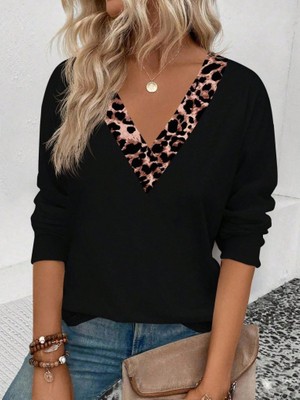 Ayşegul Hediyelik Kadın Uzun Kollu V Yakalı Leopar Detaylı Viskon Iki Iplik Bluz