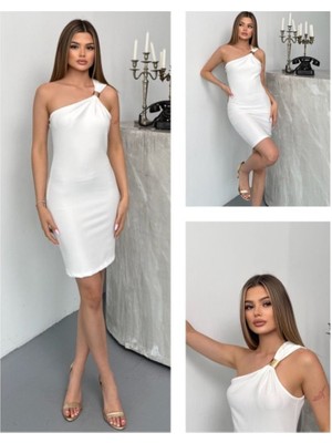 Ayşegul Hediyelik Kadın Ottoman Kumaş Tek Omuz Askılı Toka Detaylı Mini Boy Elbise