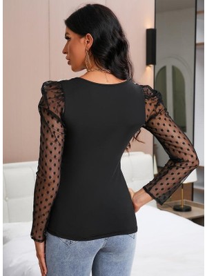 Ayşegul Hediyelik Kadın Uzun Kollu Omuz Inci Kollar Tül Detay Viskon Bluz