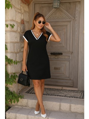 Ayşegul Hediyelik Kadın Kısa Kollu V Yakalı Ribanalı Modal Mini Elbise