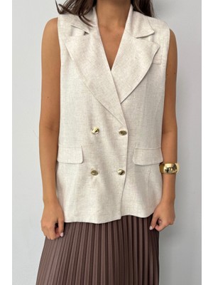 Ayşegul Hediyelik Gold Düğmeli Keten Yelek - Ham