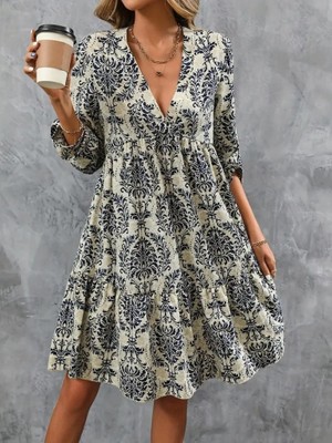 Ayşegul Hediyelik Kadın Uzun Kollu V Yakalı Fırfırlı Mini Süprem Elbise