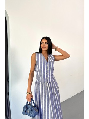 Ayşegul Hediyelik Keten Çizgili Yelek - Uzun Etek Takım - Mavi