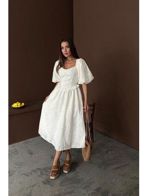 Ayşegul Hediyelik Ekru Balon Kollu Dantelli Brode Elbise