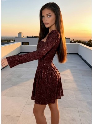 Ayşegul Hediyelik Kadın Uzun Kollu Armut Yaka Pul Payet Işlemeli Mini Gece Elbisesi