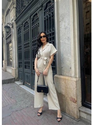 Ayşegul Hediyelik Keten Tulum Bel Bağlama Detaylı - Krem