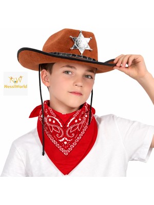 NW NessiWorld Çocuk Kovboy Şapka Rozetli Kahverengi &amp; Kırmızı Bandana Seti