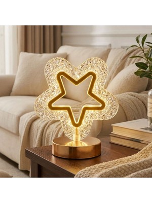 Buffer® Içi Boş Yıldız Şeklinde Kristal LED Masa Lambası – Dokunmatik, 3 Renk Işık Modlu, Şarjlı Mini Dekoratif Gece Lambası