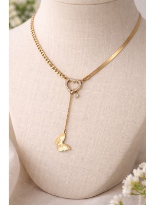 Altın Renk Y Model Kalp ve Kelebek Detaylı Çelik Kolye