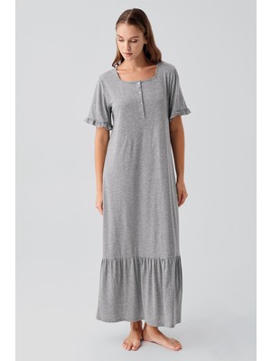 Artış Collection Kısa Kollu Düğmeli Fırfırlı Pamuklu Uzun Gecelik 19117