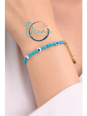 El Yapımı Doğal Sedef Nazarlıklı Kadın Bileklik Paslanmaz Çelik Zincir, Turkuaz Boncuk Tasarım