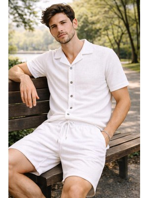 Beta Moda Hub Erkek Waffle Kumaş Kısa Kollu Gömlek Şort Takım Regular Fit Yazlık Ikili Set - Beyaz