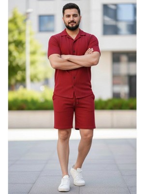 Beta Moda Hub Erkek Waffle Kumaş Kısa Kollu Gömlek Şort Takım Regular Fit Yazlık Ikili Set - Bordo