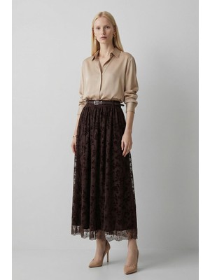 Rays Kahve Kemerli Flok Desen Etek 8471A