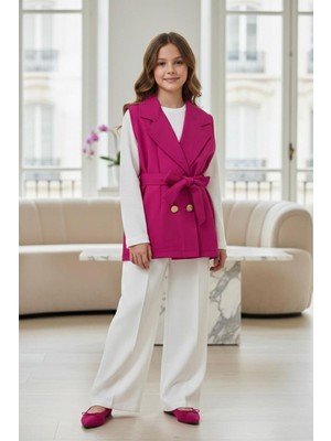 Miniğimin Cicileri Kruvaze Yelekli Kuşaklı Bluzlu Bol Paça Pantolonlu Kız Çocuk 3’lü Takım - Fuşya