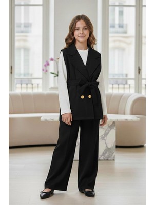 Miniğimin Cicileri Kruvaze Yelekli Kuşaklı Bluzlu Bol Paça Pantolonlu Kız Çocuk 3’lü Takım - Siyah