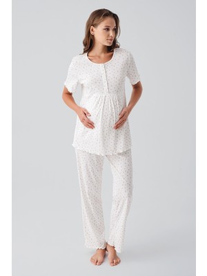 Artış Collection Kısa Kollu Düğmeli Çiçek Desenli %100 Pamuk Hamile Pijama Takım 19206