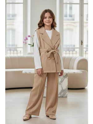 Miniğimin Cicileri Kruvaze Yelekli Kuşaklı Bluzlu Bol Paça Pantolonlu Kız Çocuk 3’lü Takım - Kahverengi