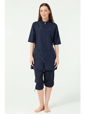 Alfasa Hızlı Kuruyan Paraşüt Kumaş Önden Fermuarlı Büyük Beden Yarım Kollu Kadın Mayo 25740