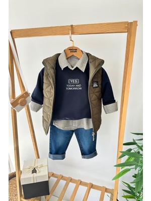 Miniğimin Cicileri Kapitone Yelekli Ekose Gömlek Detaylı Sweatshirtlü Kot Pantolonlu Erkek Çocuk 4’lü Takım - Yeşil