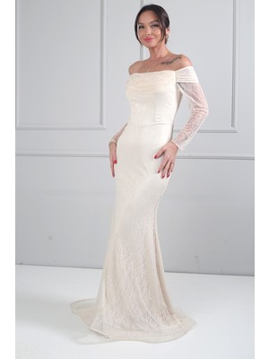 By Saygı Kadın Kayık Yaka Drapeli Astarlı Uzun Kollu Dantel Balık Elbise