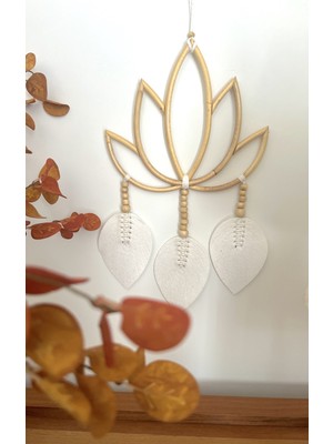 Miamantra Rattan Kasnaklı Ahşap Boncuklu Beyaz Lotus Çiçeği Şeklinde Rüya Kapanı/düş Kapanı/dreamcatcher