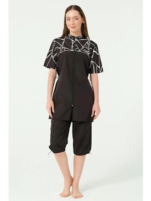 Alfasa Hızlı Kuruyan Paraşüt Kumaş Şapkalı Önden Fermuarlı Yarım Kollu Kadın Mayo 25755