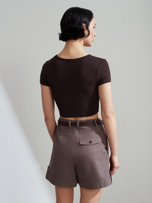 Dilvin 31104 Crop T-Shirt-Koyu Kahve