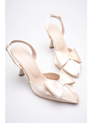 Shoegar Kadın Bej Fiyonklu Saten Slingback Topuklu Ayakkabı EATR40MS01B