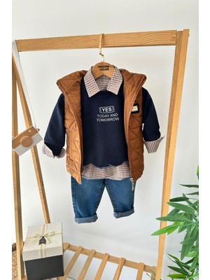 Miniğimin Cicileri Kapitone Yelekli Ekose Gömlek Detaylı Sweatshirtlü Kot Pantolonlu Erkek Çocuk 4’lü Takım - Kahverengi