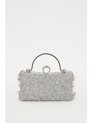 Levidor Mini Gümüş - Beyaz Taş Işleme Saplı Abiye El Çantası