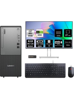 Lenovo Thinkcentre Neo 50T i3 13100 RTX 5050 8GB Masaüstü Bilgisayar 96GB RAM 512GB SSD 27" FHD Win11 Home + Per4 USB 12UB0009TRP1177