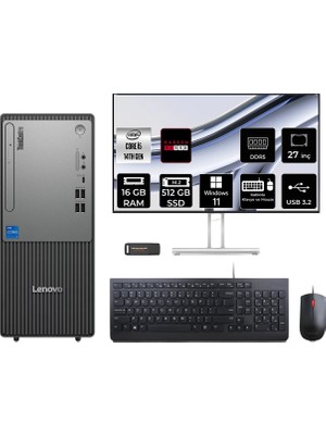 Lenovo Thinkcentre Neo 50T Intel Core I5 14400 16GB 512GB SSD RX550/4GB 27" Fhd Monitör W11H Masaüstü Bilgisayar & Per4 USB Bellek 12UAS1CF00P981