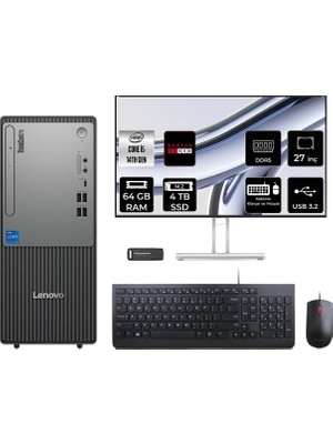 Lenovo Thinkcentre Neo 50T Intel Core I5 14400 64GB 4tb SSD RX550/4GB 27" Fhd Monitör Fdos Masaüstü Bilgisayar & Per4 USB Bellek 12UAS1CF00P976