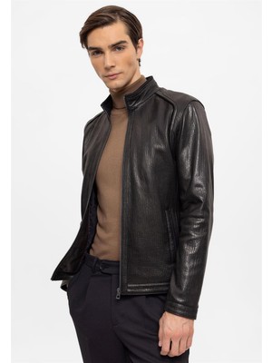 Deriderim Siyah Bruno Fermuarlı Astarlı Yaka Içi Trikolu Erkek Hakiki Deri Mont