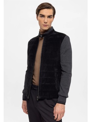 Deriderim Siyah Diego Fermuarlı Triko Kol ve Yaka Çıt Çı Tokalı Astarlı Erkek Hakiki Süet Mont