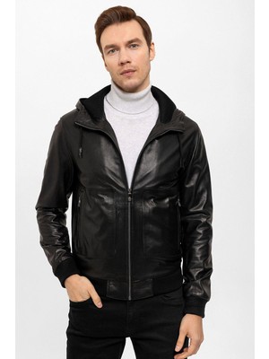 Deriderim Siyah Clint Sabit Kapüşonlu Kol ve Bel Trikolu Astarlı Fermuarlı Erkek Hakiki Deri Mont