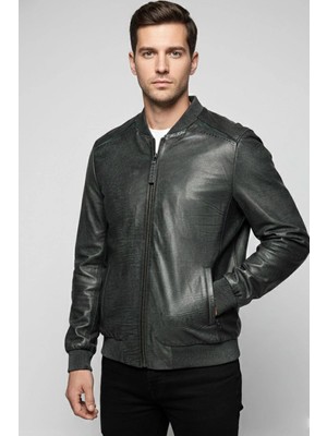 Deriderim Apollo Çift Taraflı Hakiki Deri Yeşil Taşlama Bomber Erkek Mont