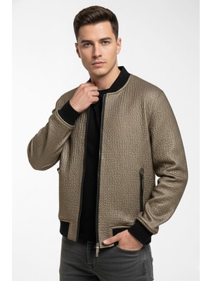 Deriderim Fermuarlı Metalik Dokulu Bomber Erkek Hakiki Deri Mont