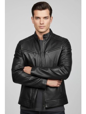 Deriderim Siyah Dokulu Deri Hector Hakim Yaka Fermuarlı Erkek Hakiki Deri Mont