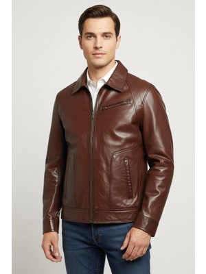 Deriderim Kahverengi Kim Gömlek Yaka Fermuarlı Göğüs Cepli Erkek Hakiki Deri Ceket